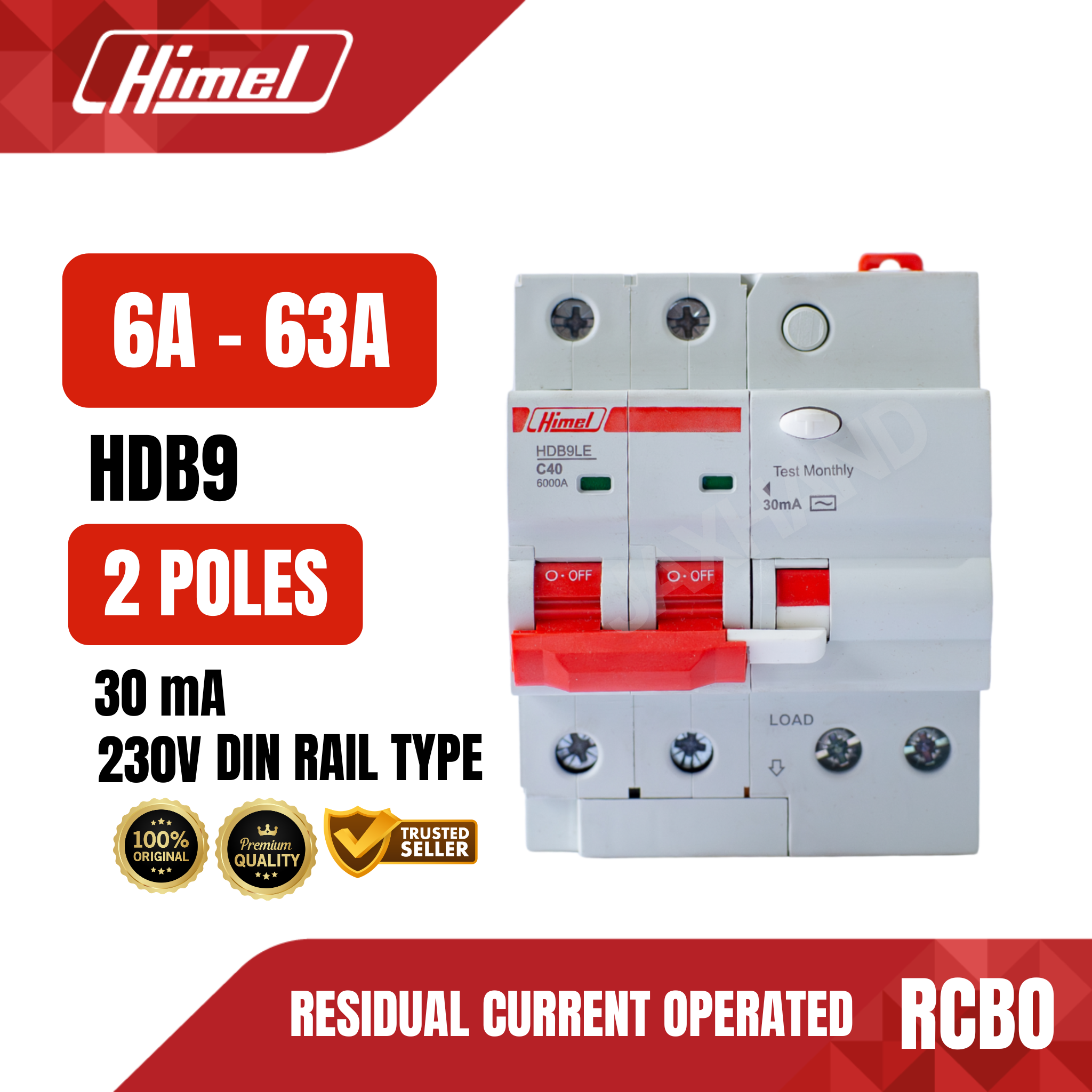 Himel Residual Operated Circuit Breaker 2 Poles 6A to 63A HDB9